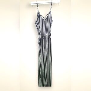See You Monday Navy & White Striped Wide-Leg Jumpsuit – Size Large